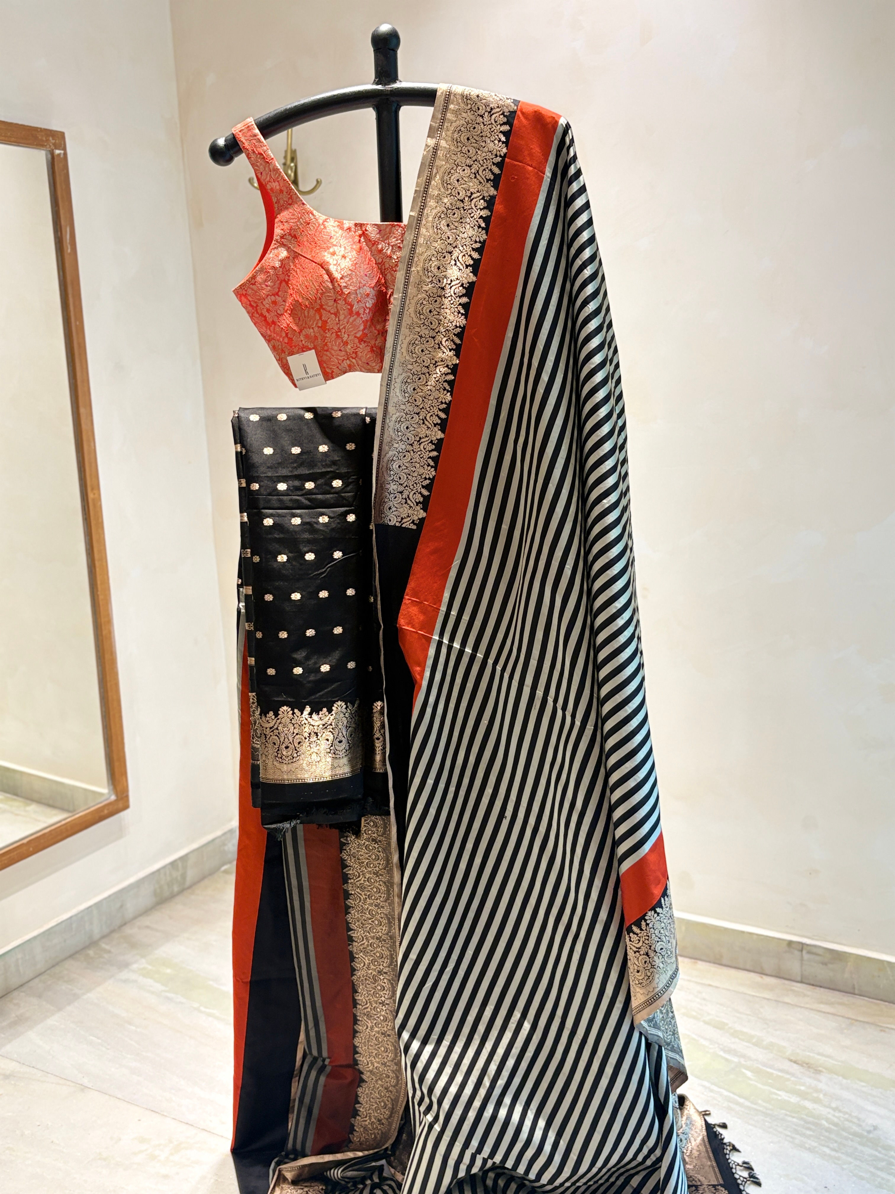 Rani Collection- Black Stripes & orange Satin Silk