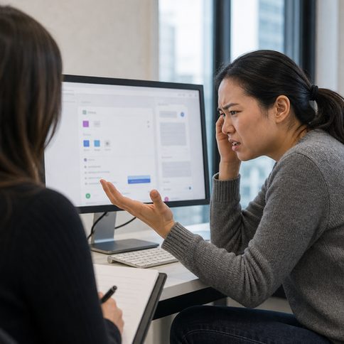 A usability test participant looks frustrated while using a desktop computer, gesturing toward the screen as an interviewer observes and takes notes nearby.