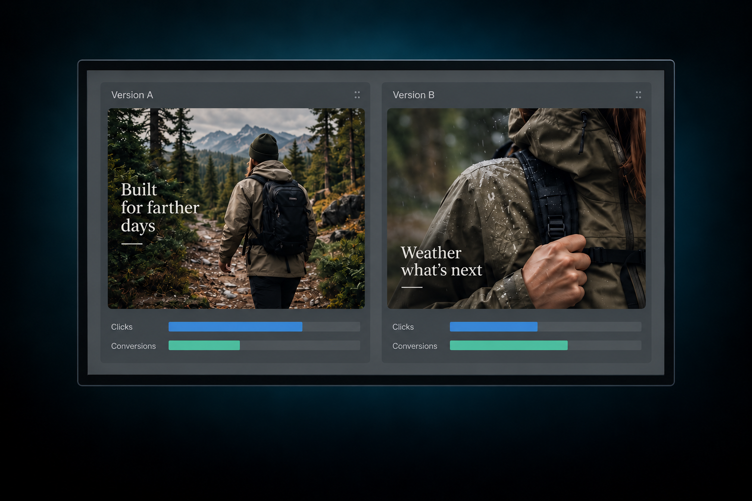 Floating display comparing two outdoor advertising creatives with clicks and conversions