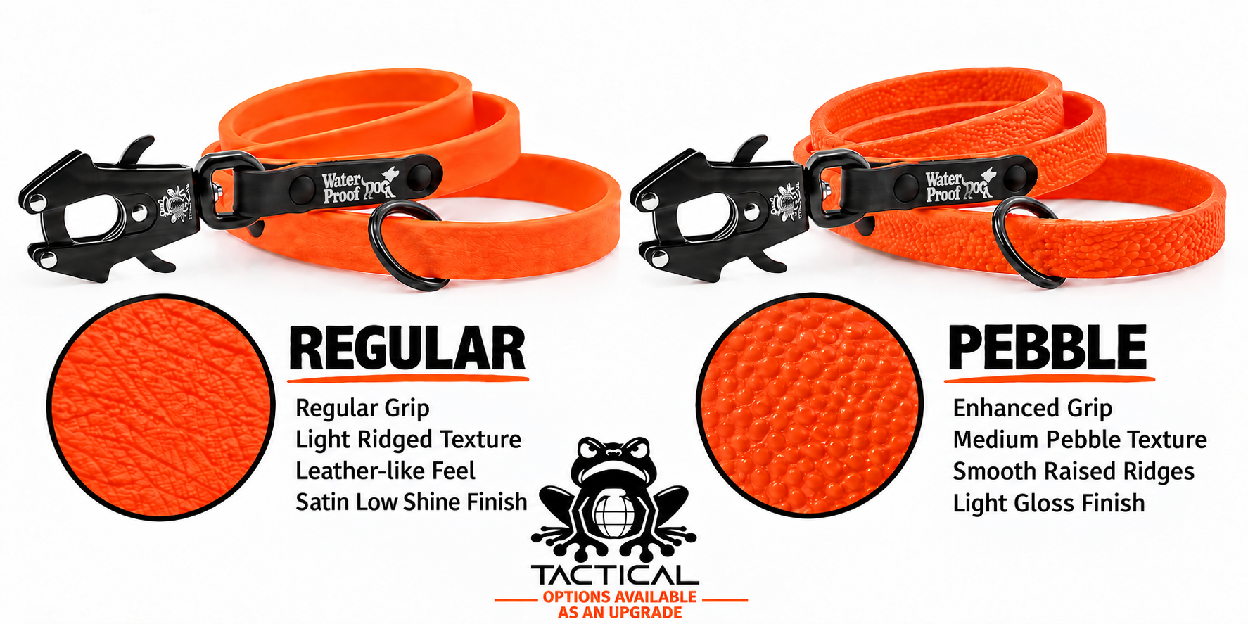 regular or pebble orange waterproof BioThane dog leash with tactical swivel frog clip