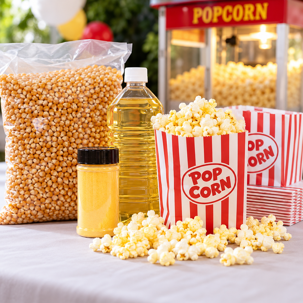 Popcorn supplies add-on with kernels, oil, seasoning and bags in Central Arkansas