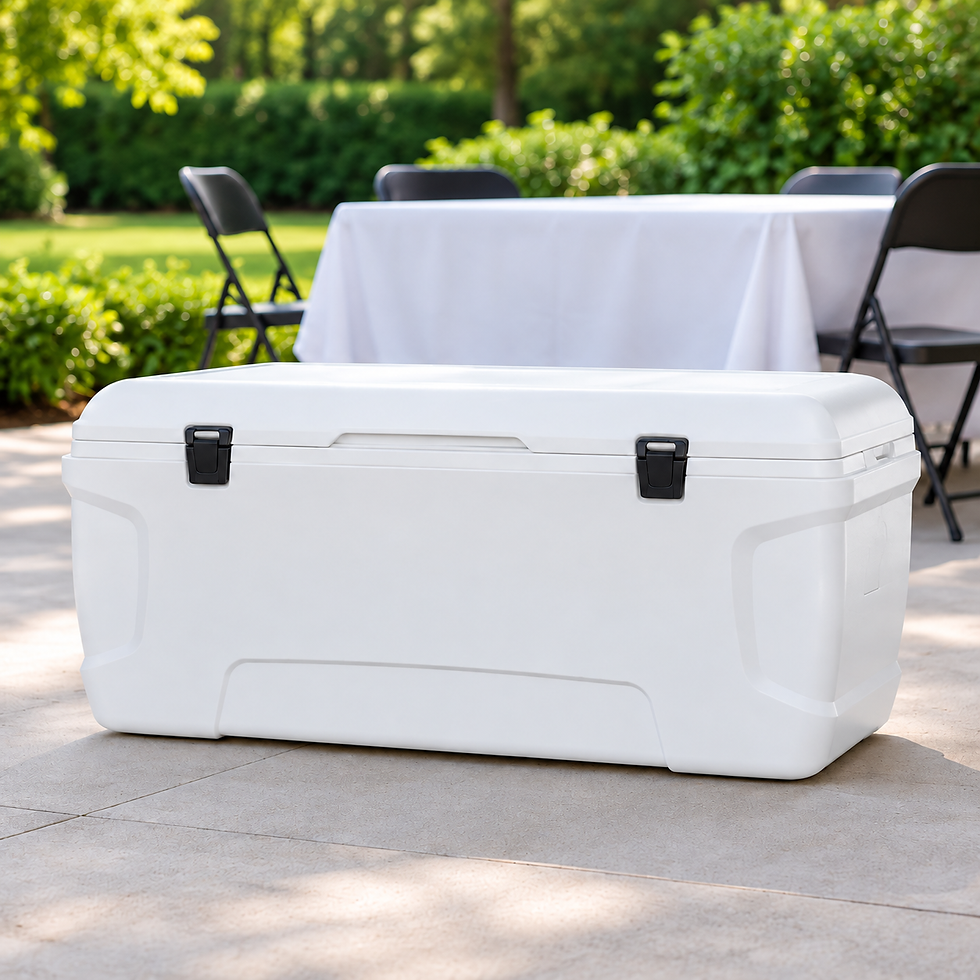White 150-quart cooler on a patio beside a white-covered table and black folding chairs