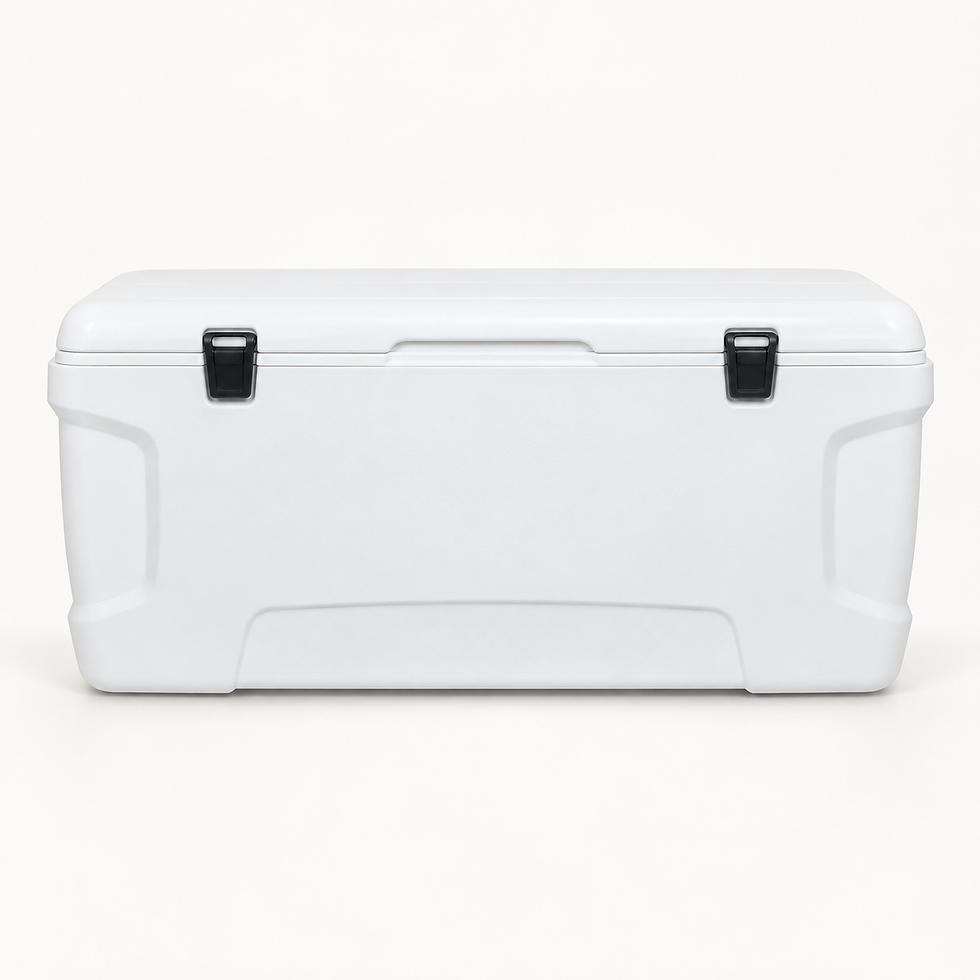 White 150-quart chest cooler with closed lid and two black latches