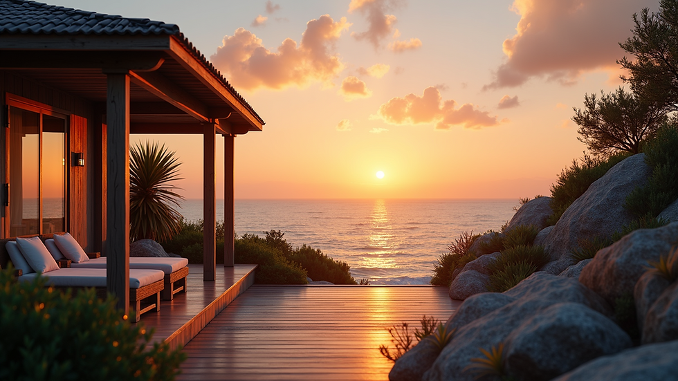 Eye-level view of a serene coastal property with a beautiful sunset