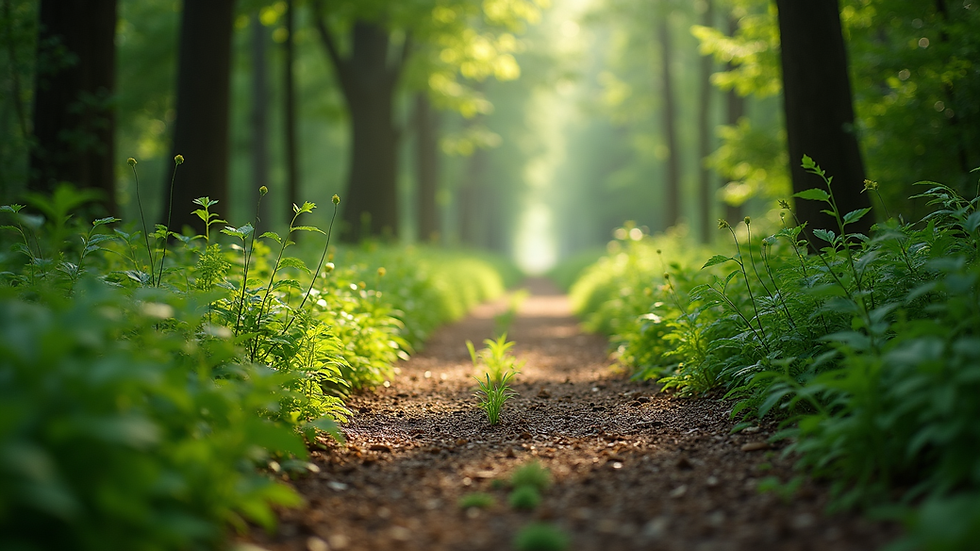 Close-up view of a serene forest path surrounded by lush greenery
