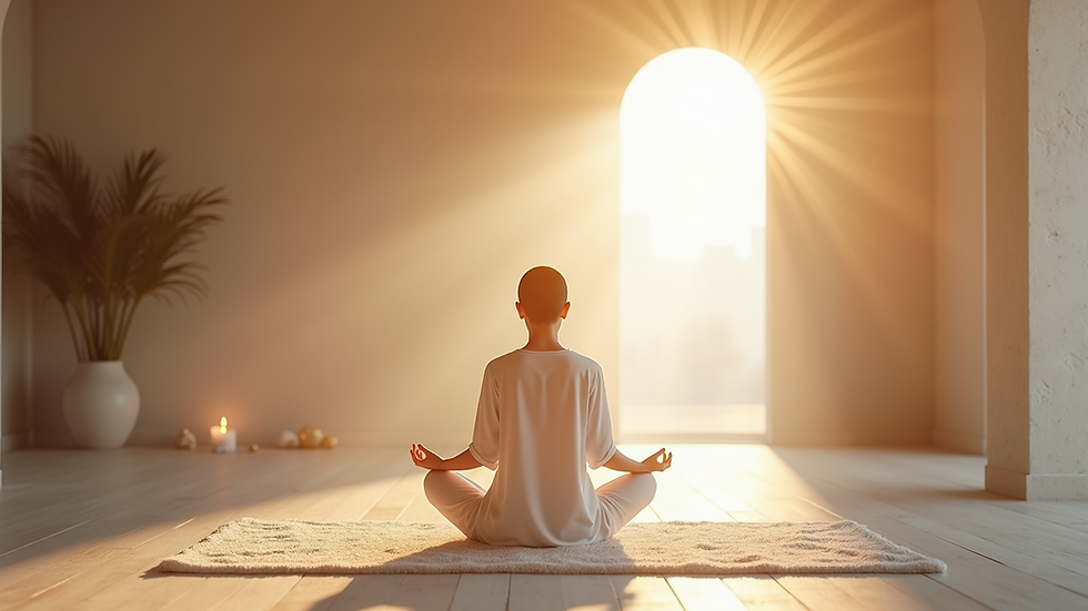 Eye-level view of a serene meditation space with soft lighting