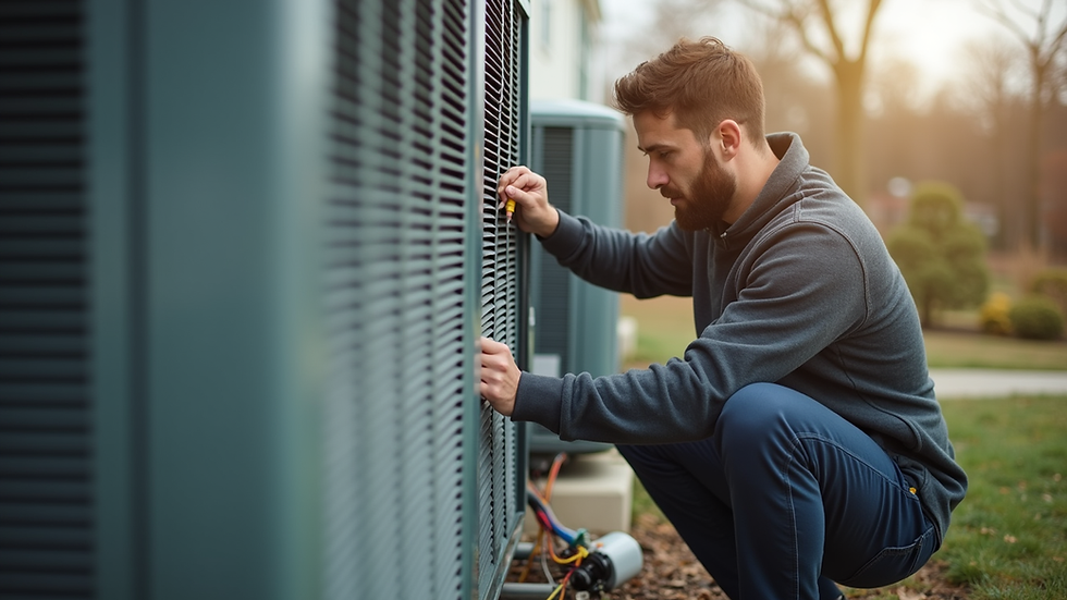 Eye-level view of HVAC technician inspecting outdoor unit