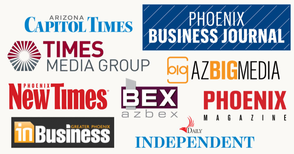 Logos of various Arizona media outlets including Arizona Capitol Times, Phoenix Business Journal, and AZ Big Media against a white background.