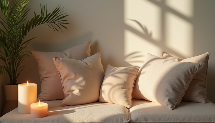 Close-up view of a cozy corner with cushions, candles, and a small indoor plant