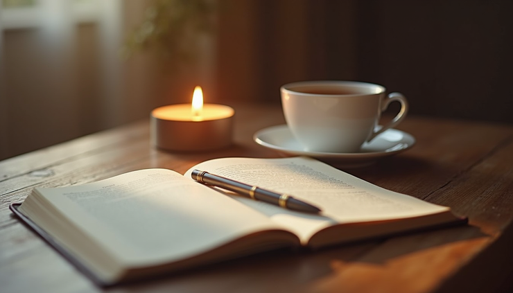 High angle view of a journal, a cup of tea, and a lit candle on a wooden table