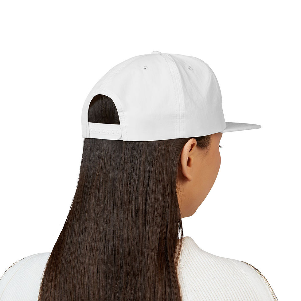 Thumbnail: Woman wearing a white cap facing away, with long dark hair, white background.