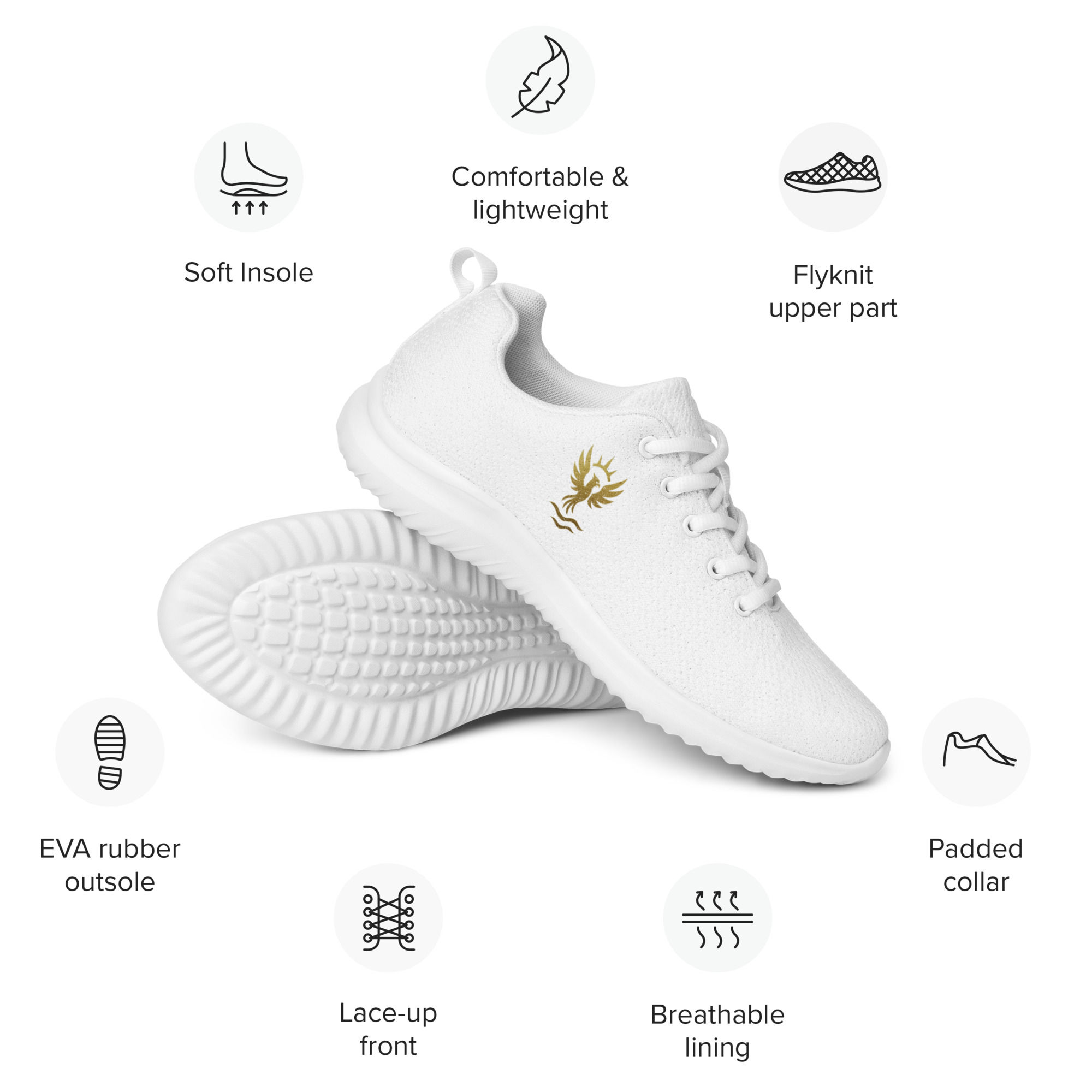 White sneakers with soft insole, breathable lining, and lace-up band.