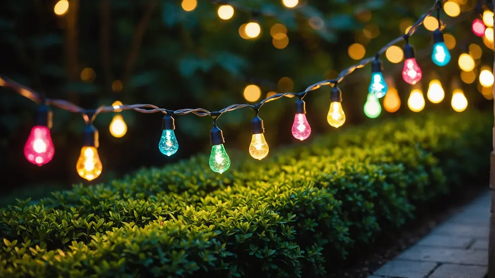 Colorful string lights creating an enchanting atmosphere in a garden