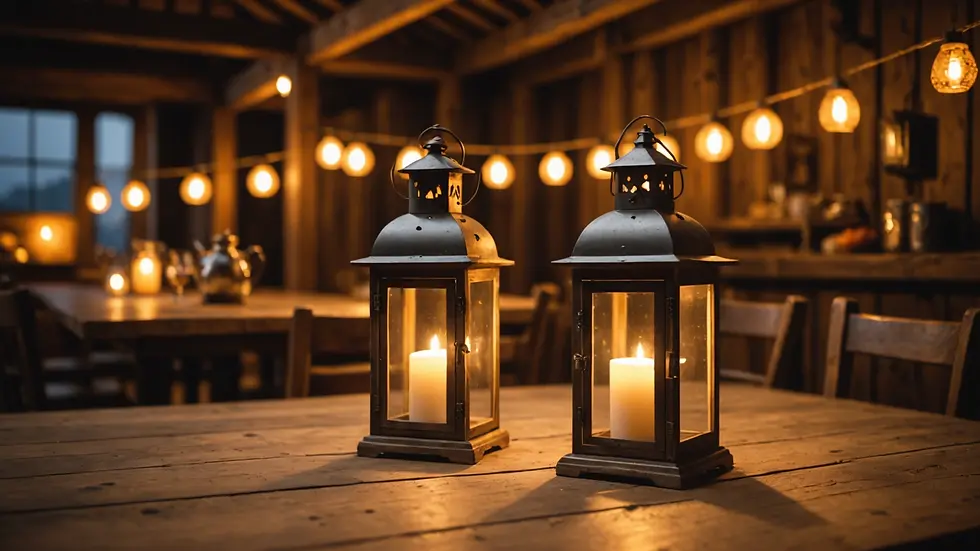A rustic wooden table with decorative lanterns lit