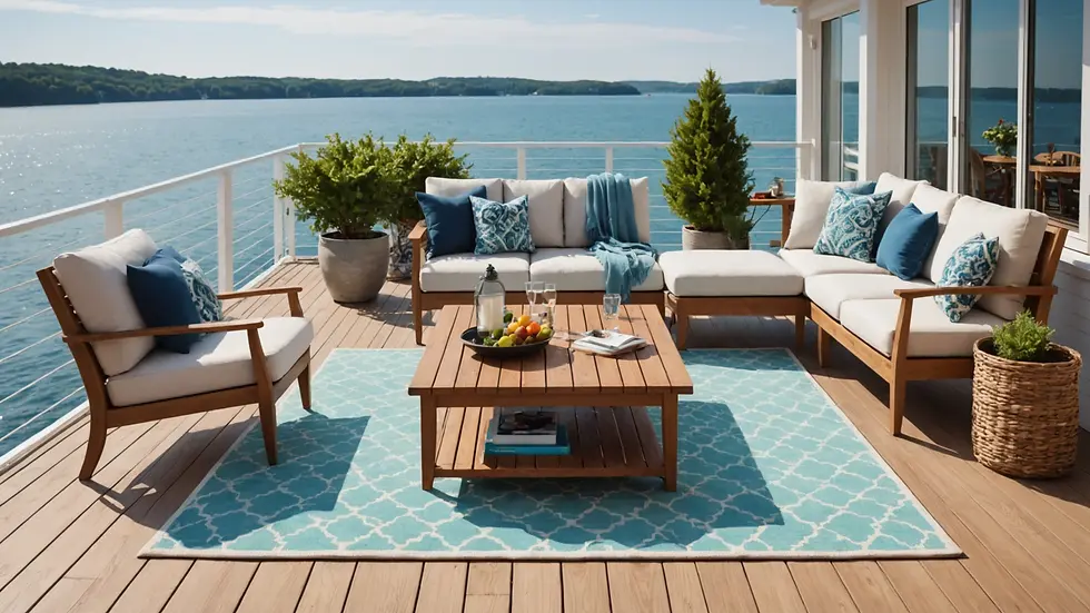 A waterfront deck featuring light-colored furniture and a vibrant outdoor rug