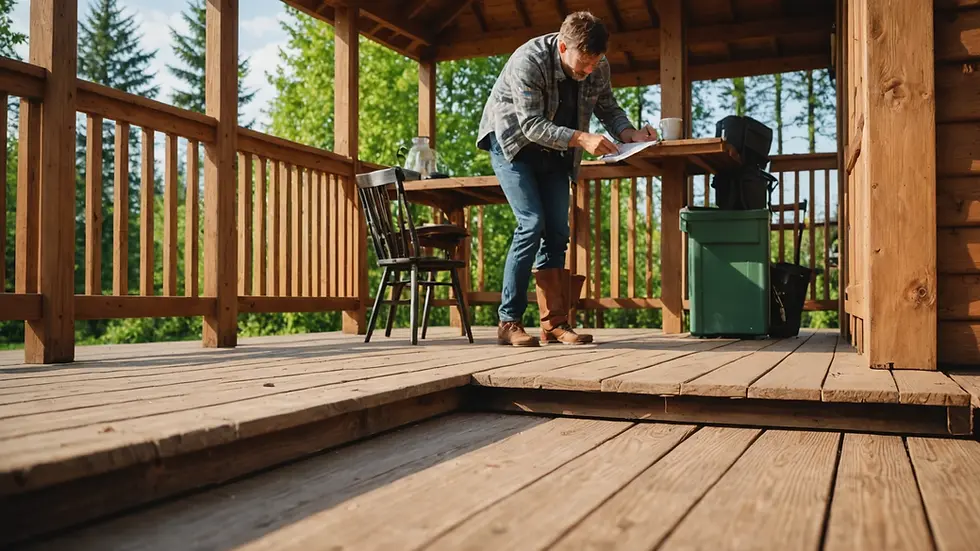 Inspecting a wooden porch for signs of damage
