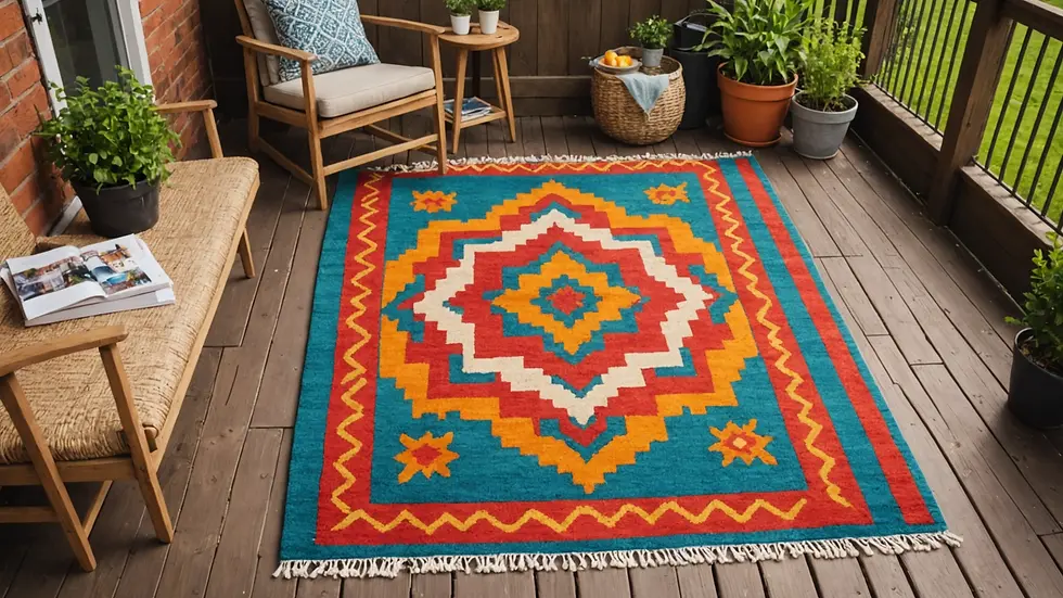 High angle view of a colorful outdoor rug on a small porch