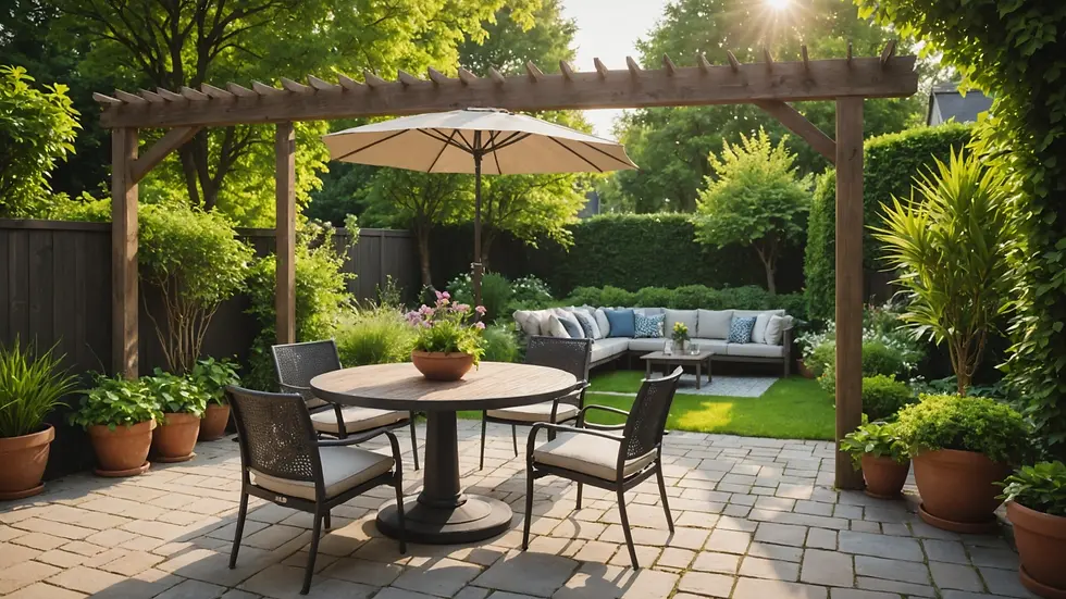 Eye-level view of a serene backyard patio surrounded by greenery