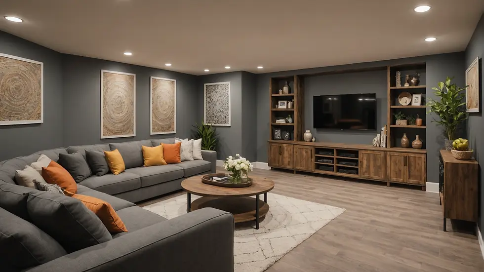 A beautifully renovated basement with modern decor