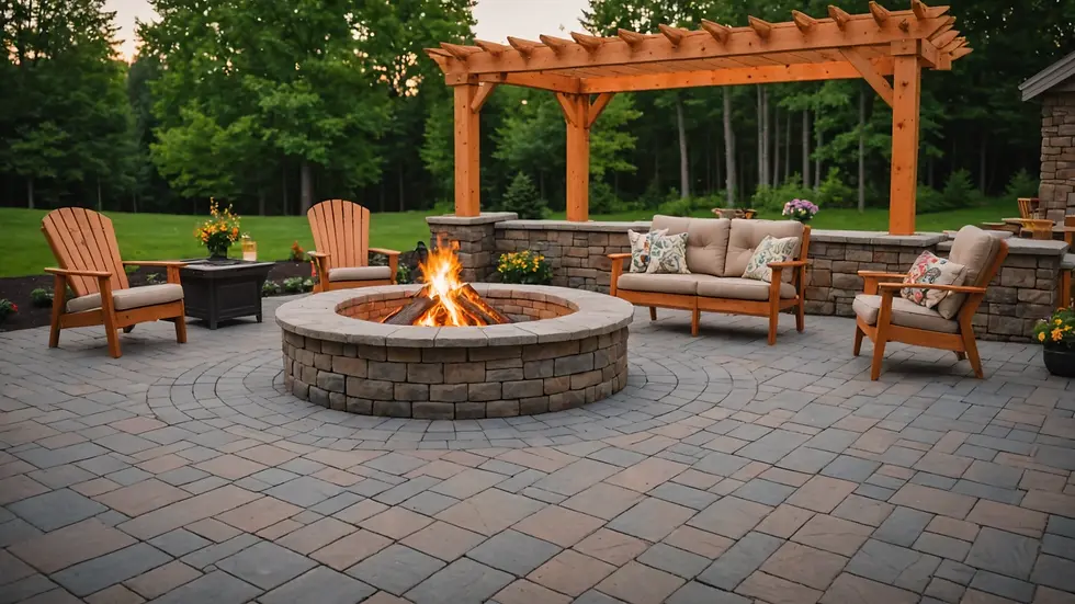 Wide angle view of a paver stone patio with cozy seating around a fire pit