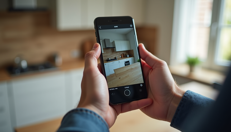 Close-up view of a contractor’s hands holding a smartphone showing photos of a recent kitchen remodel