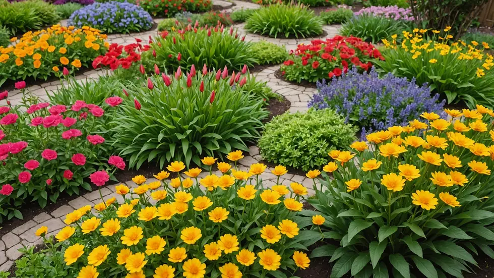 High angle view of a colorful flower bed with native plants