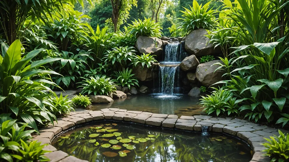 Serene water feature surrounded by lush plants