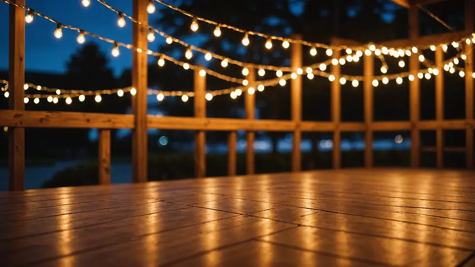 String lights draped over a wooden deck