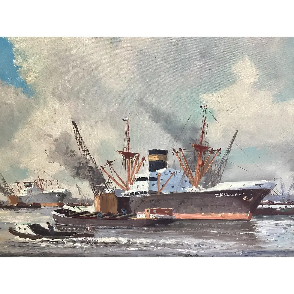 Thumbnail: Mid 20th Century Large Steam Ship in Harbor Oil Painting on Canvas Signed H Pete