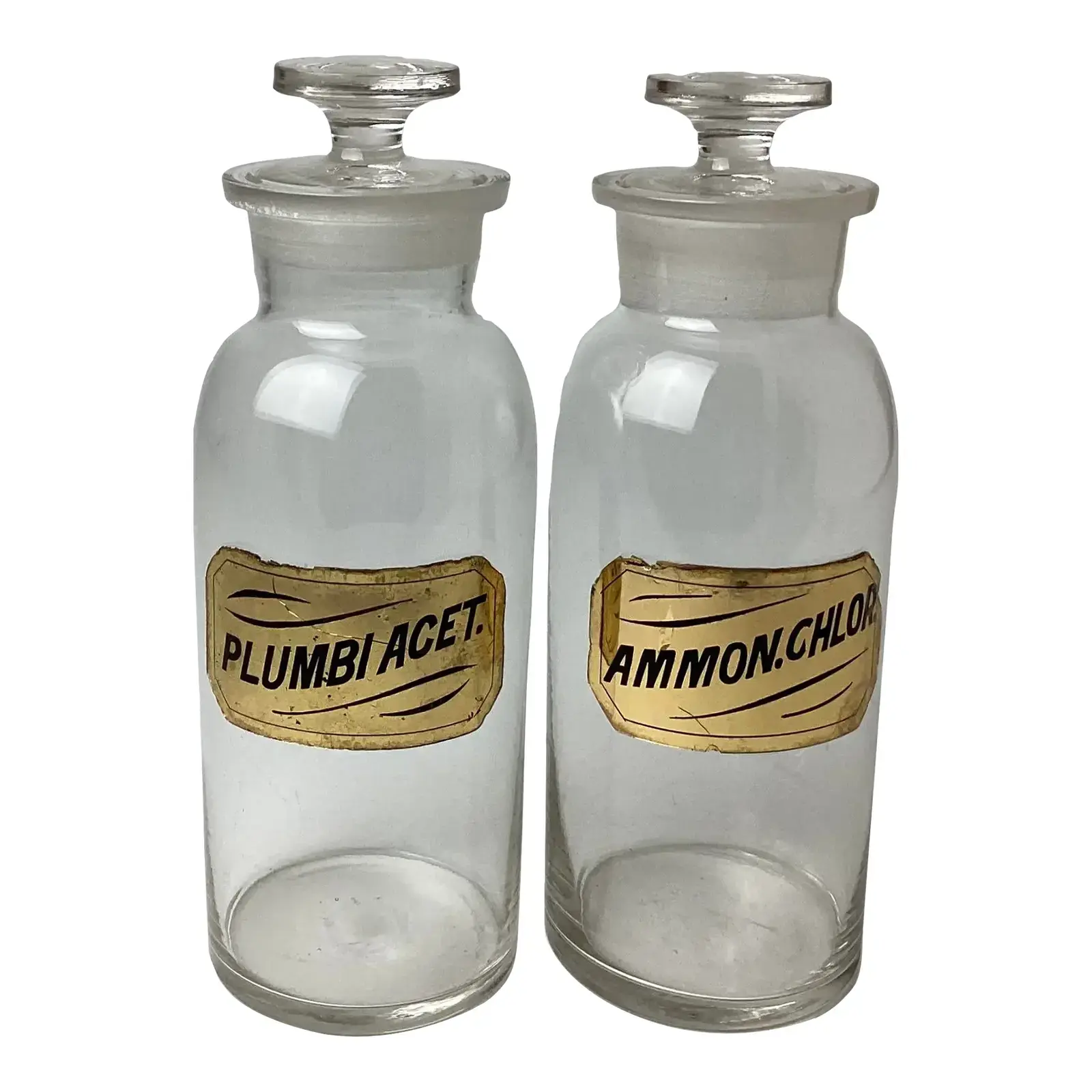 Antique Early 20th Century Glass Apothecary Jars Plumi Acet. & Ammon. Chlor- Set