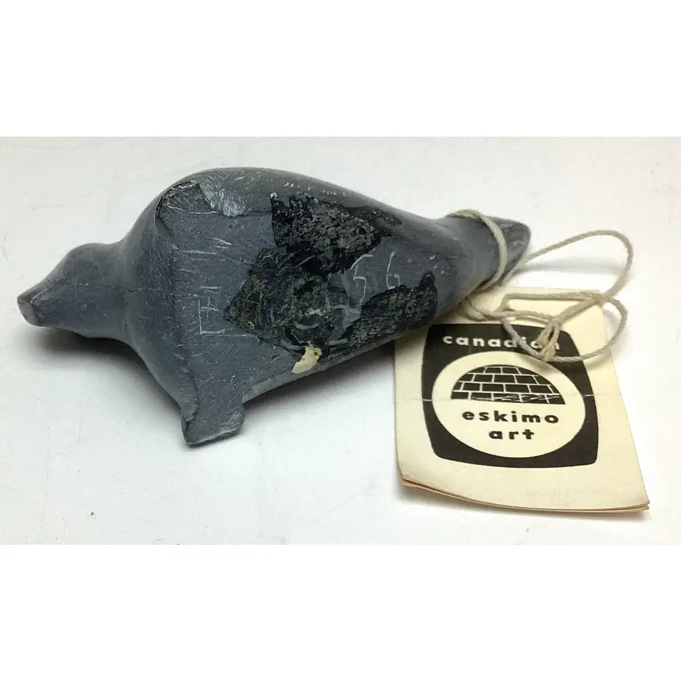 Thumbnail: Eskimo Art, Inuit Hand Carved Soapstone Seal Sculpture Signed With Tag