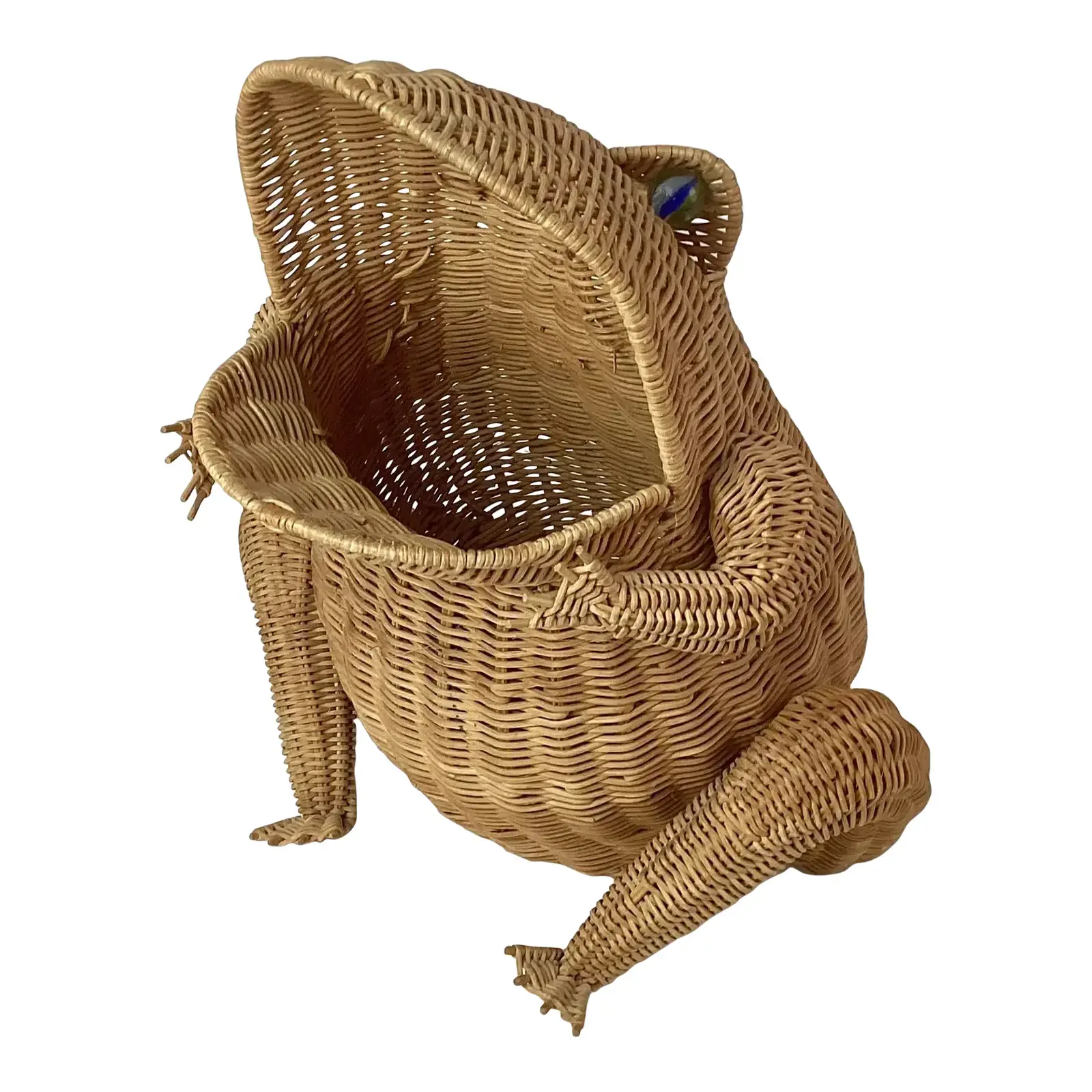1970s Woven Rattan Frog Basket With Marble Eyes After Mario Lopez Torres