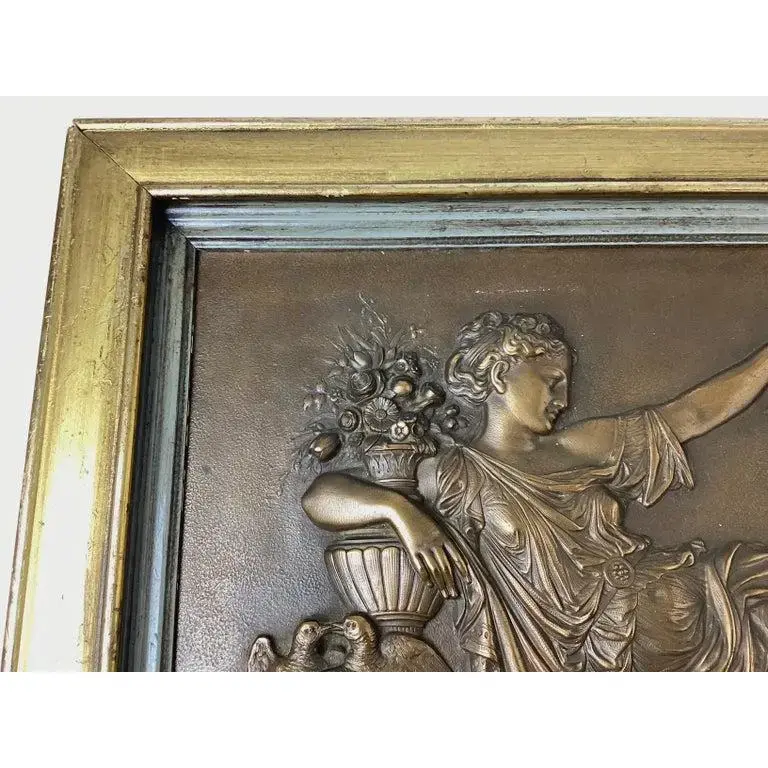 Thumbnail: Pair of Early 20th Century Bronze Relief Wall Plaques Framed Woman With Cherub