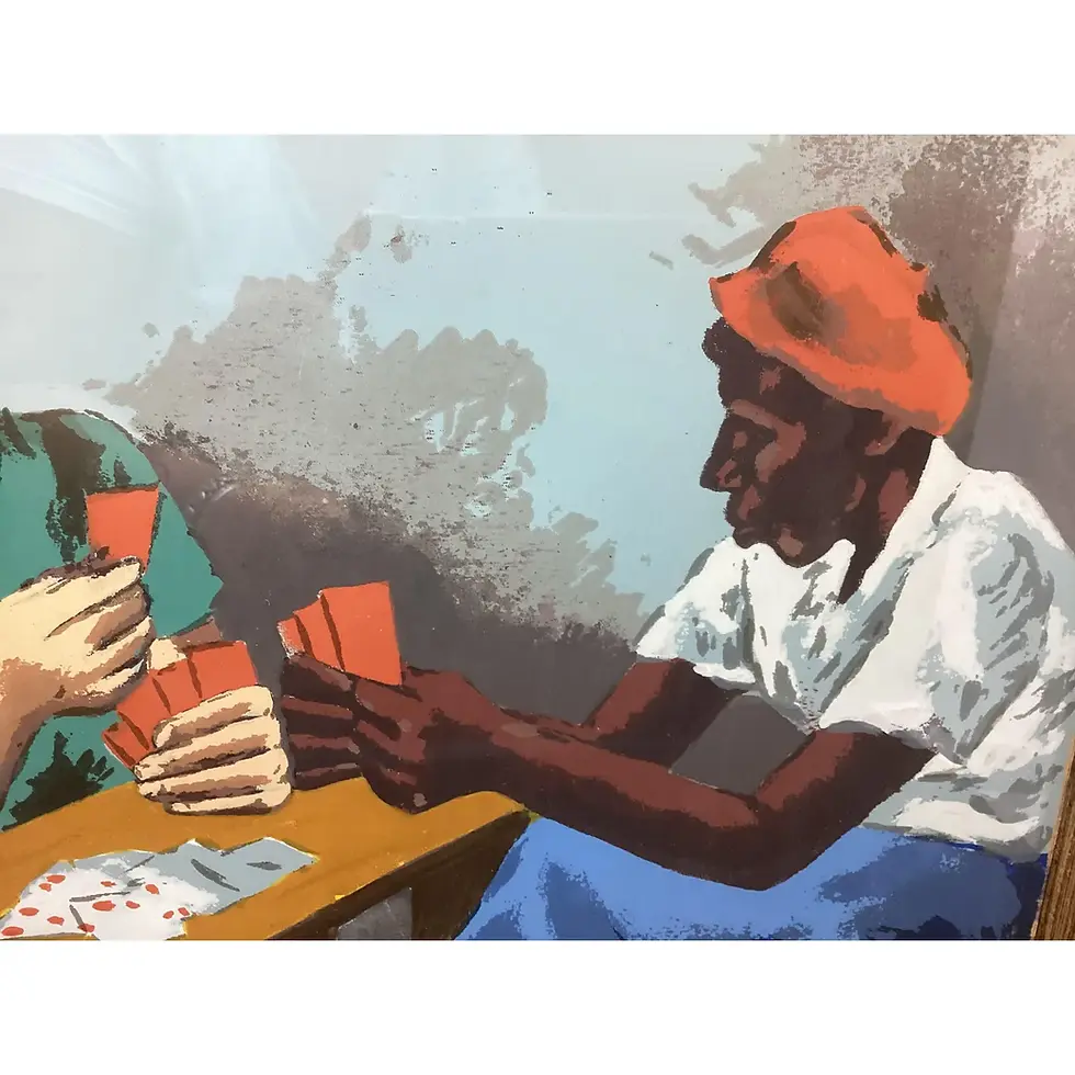Thumbnail: Mid 20th Century Color Block Print Signed Tromka Two Men Playing Cards