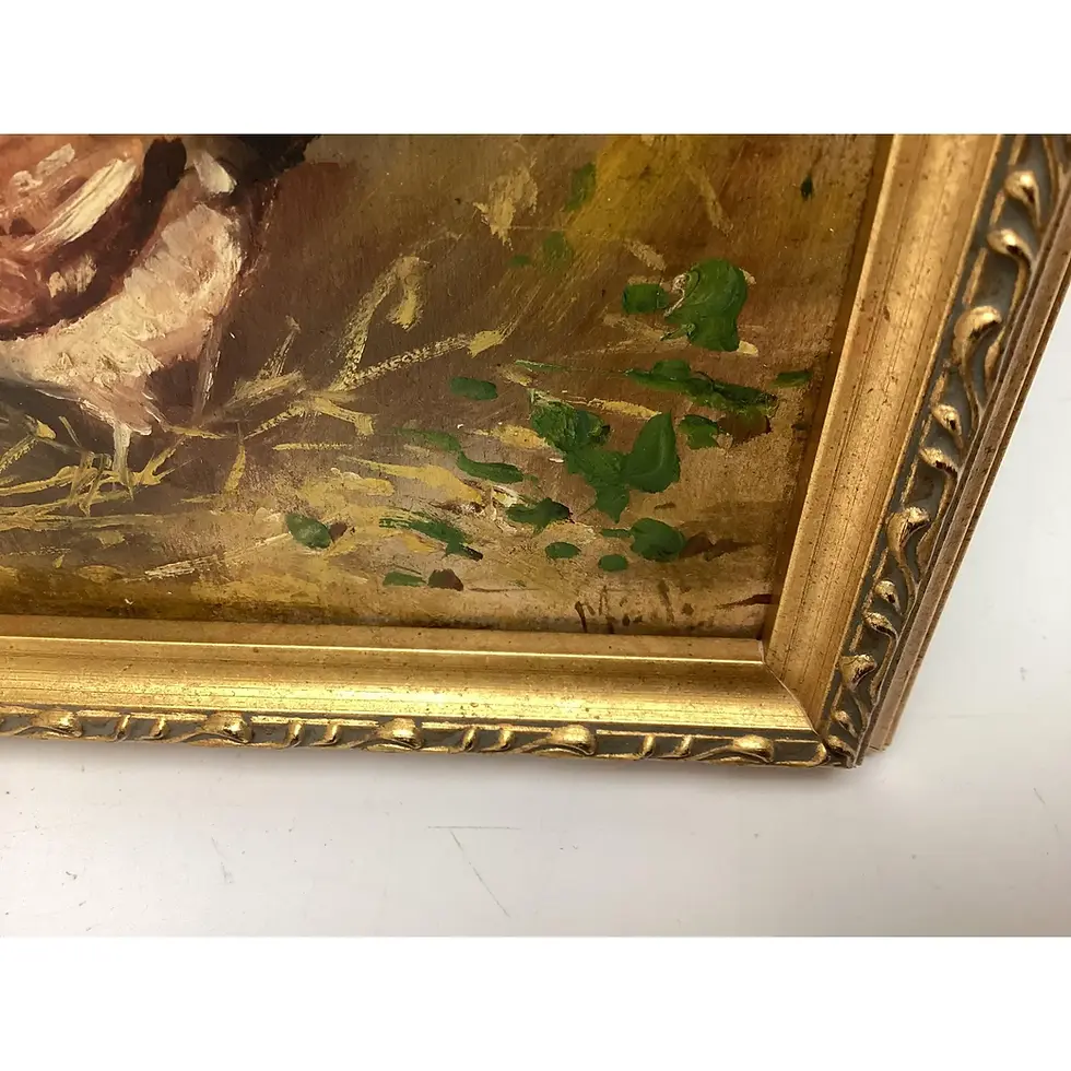 Thumbnail: Late 19th Century Signed Oil Painting Farm Seen the Donkey and Hen on Wood Panel