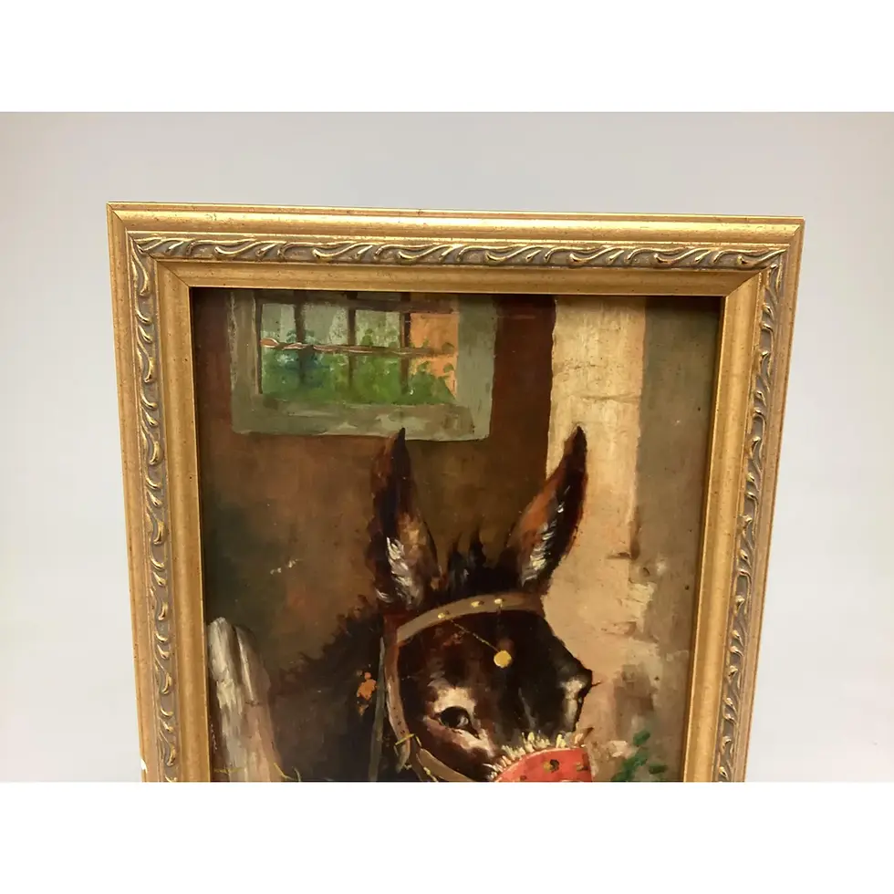 Thumbnail: Late 19th Century Signed Oil Painting Farm Seen the Donkey and Hen on Wood Panel