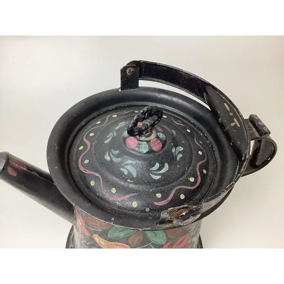 Thumbnail: Large Antique Black Hand Painted Toleware Coffee Pot