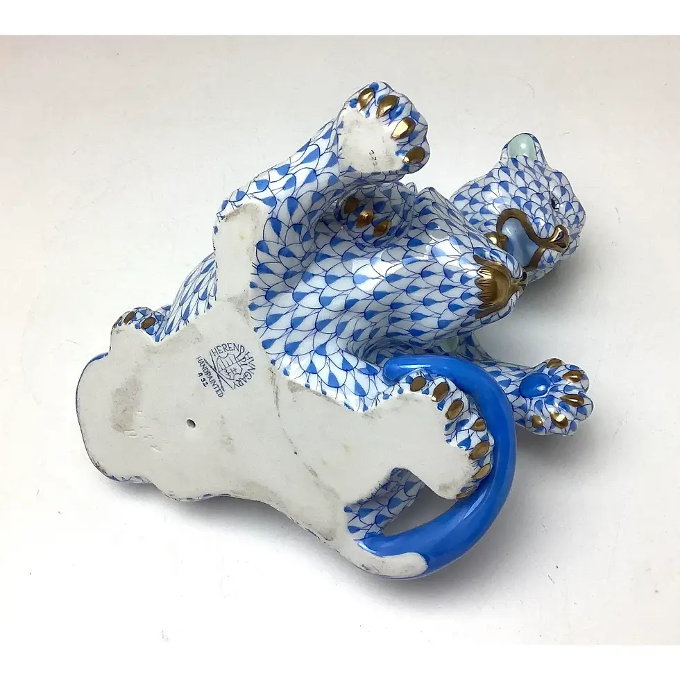 Thumbnail: Herend Porcelain Lion Cubs Playing Figurine Blue Fishnet