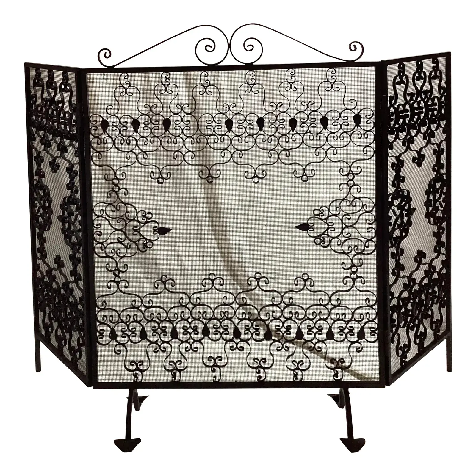 Black Wrought Iron 3 Panel Fireplace Screen With Scroll Work and Leaves