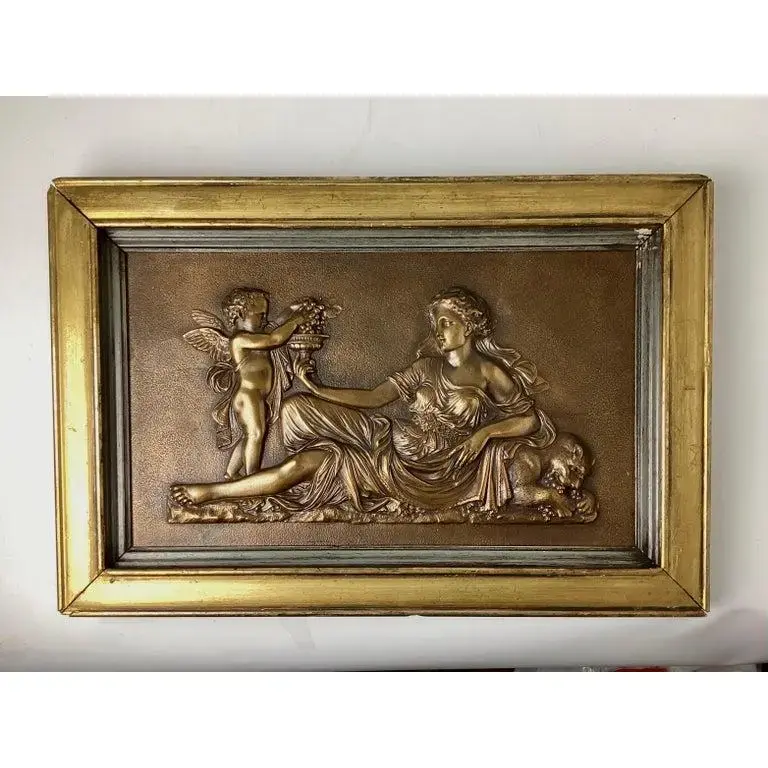 Thumbnail: Pair of Early 20th Century Bronze Relief Wall Plaques Framed Woman With Cherub