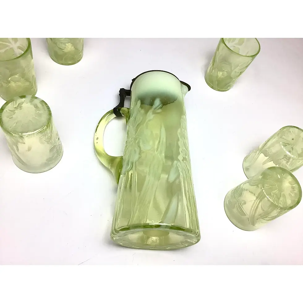 Thumbnail: Early 20th Century Rare Northwood Opalescent Daffodil Uranium Glass Pitcher & Si