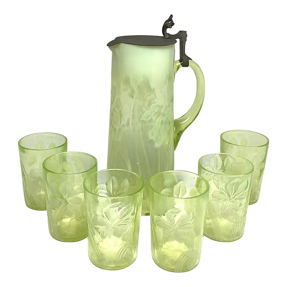 Thumbnail: Early 20th Century Rare Northwood Opalescent Daffodil Uranium Glass Pitcher & Si