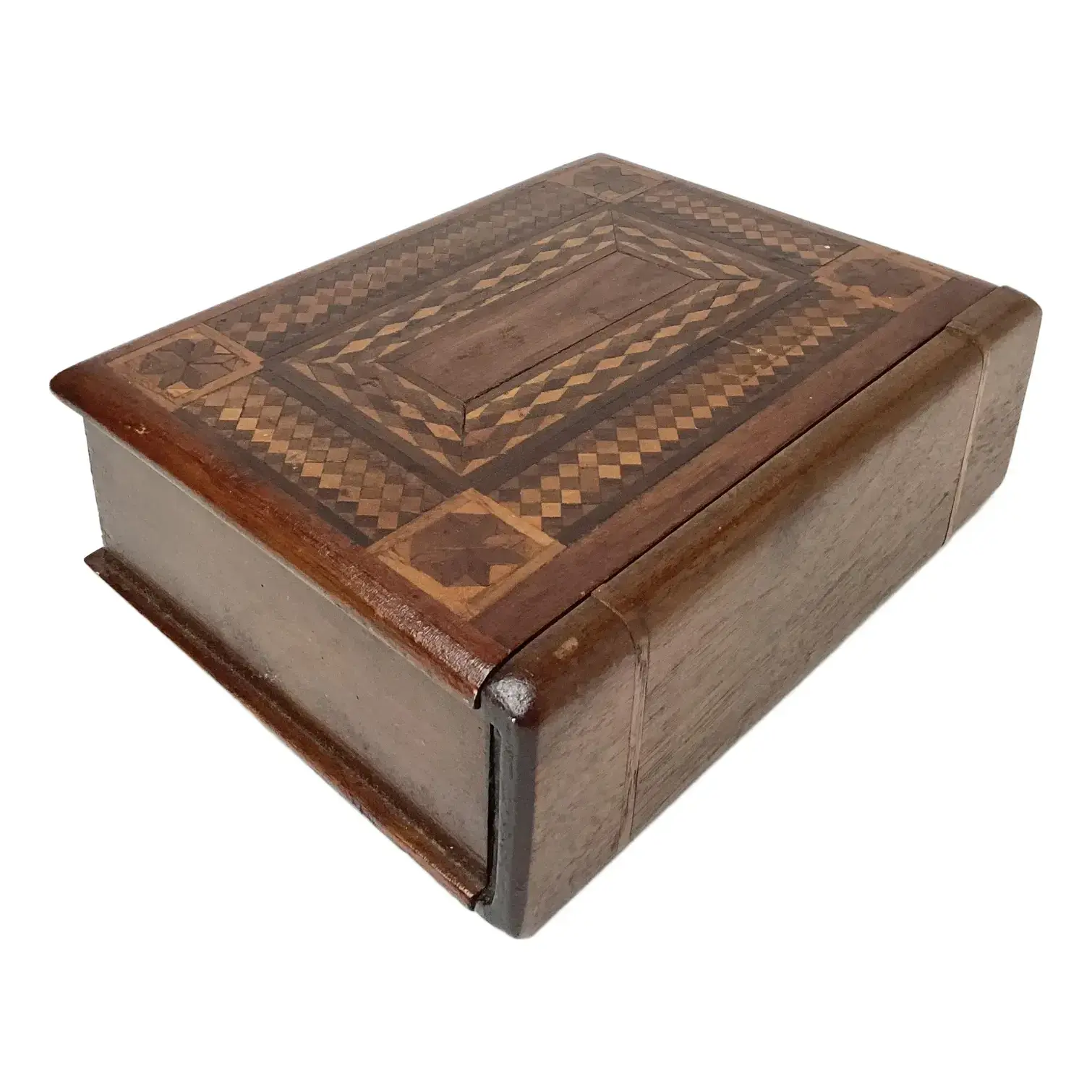 Antique Folk Art Tramp Art Marquetry Wood Book Box Signed