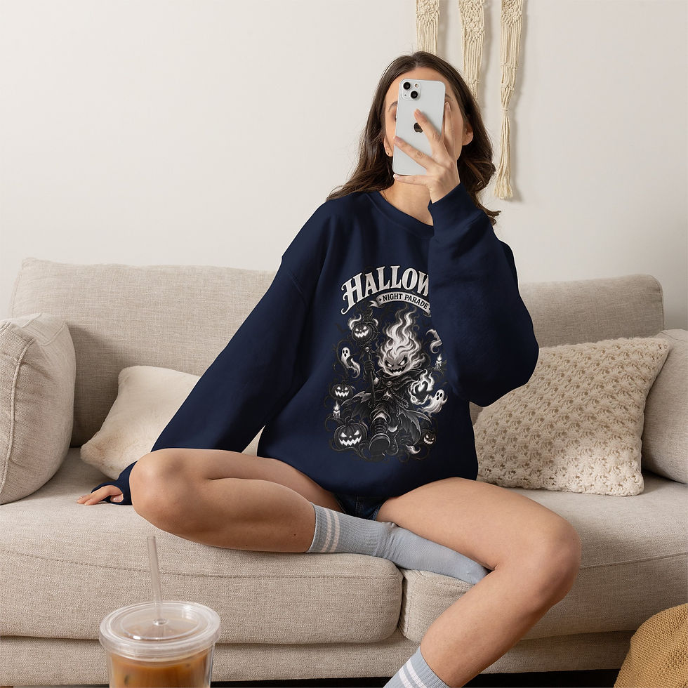 Thumbnail: Halloween Haunted Flame Crewneck Sweatshirt — Spooky Pumpkin & Ghosts Graphic