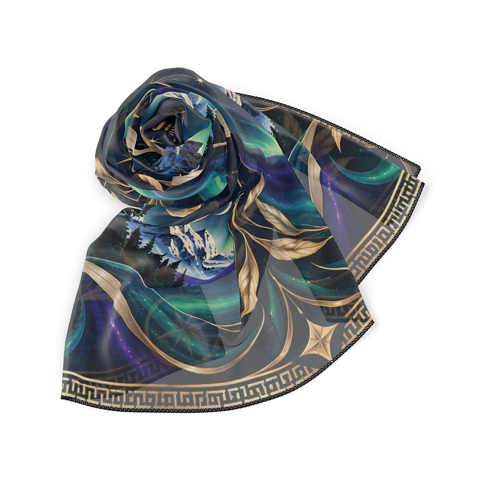 Thumbnail: Aurora Compass Silk-Feel Scarf — Northern Lights Mountain Print