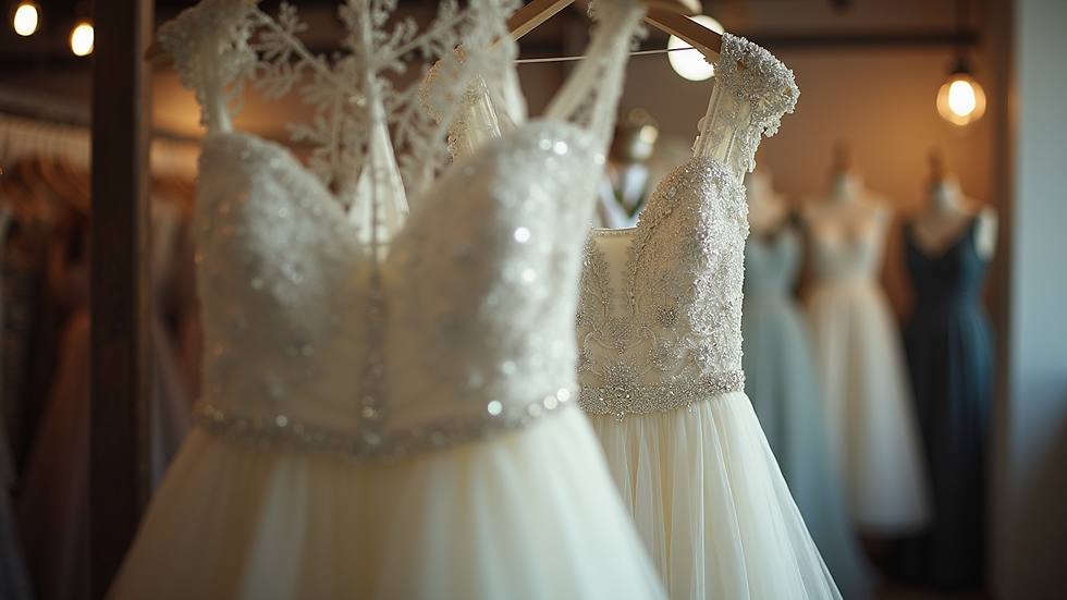 Eye-level view of a wedding dress hanging in a Brooklyn tailor shop