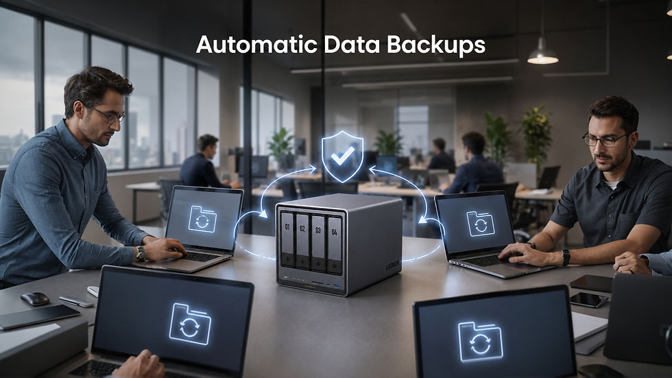 Image created by Media4You of an infographic showcasing automatic data backups through a NAS system.
