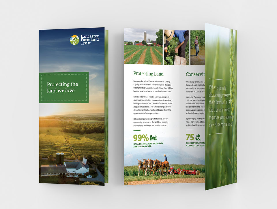 Tri-fold brochure for Lancaster Farmland Trust titled “Protecting the Land We Love,” showing farmland imagery, preservation facts, and conservation details.