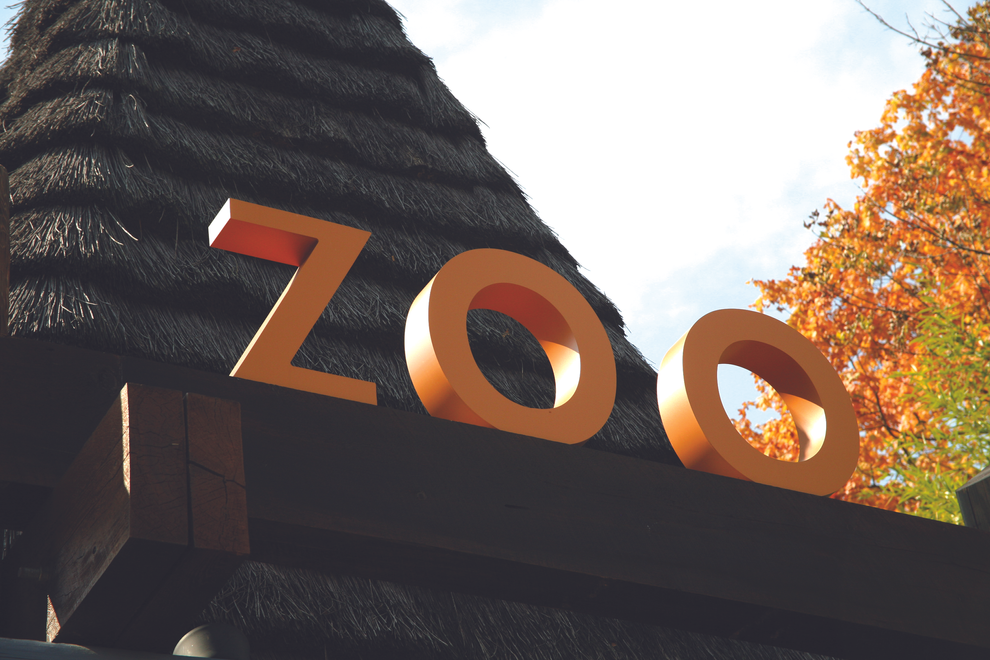 Large 3D “ZOO” letters mounted on a wooden roof structure, serving as a main entrance marker.