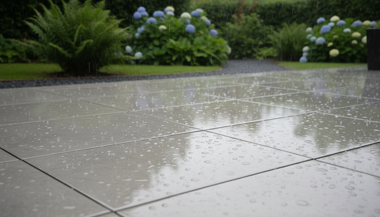 Eye-level view of a protected outdoor patio floor after light rain.